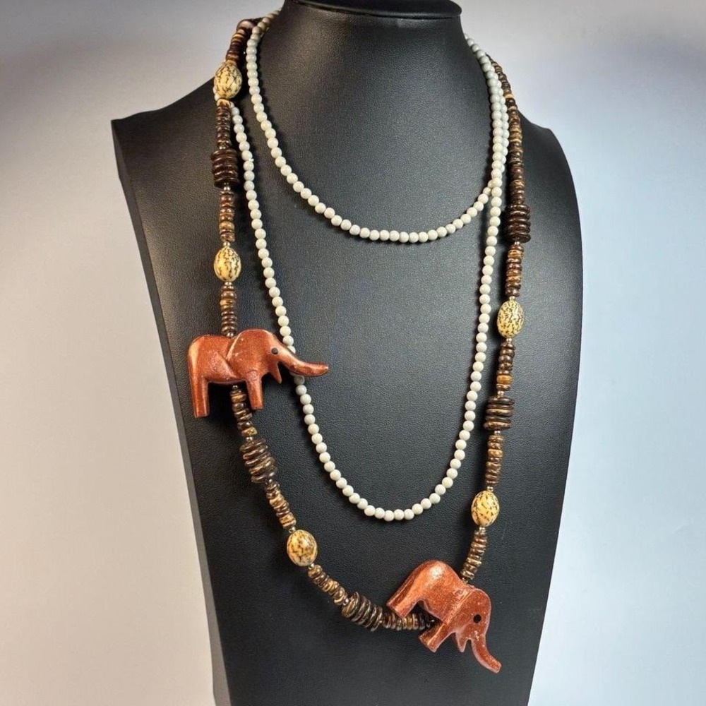 Necklace Lot Vintage Boho Elephant Wood Beads Metal Glass Elegant - Picture 3 of 7